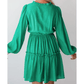Laney Green Frilly V Neck Puff Sleeve Drawstring Shift Mini Dress