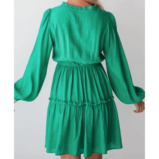 Laney Green Frilly V Neck Puff Sleeve Drawstring Shift Mini Dress