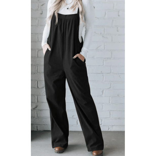 Desiree Black Solid Pocketed Loose Fit Corduroy Overall