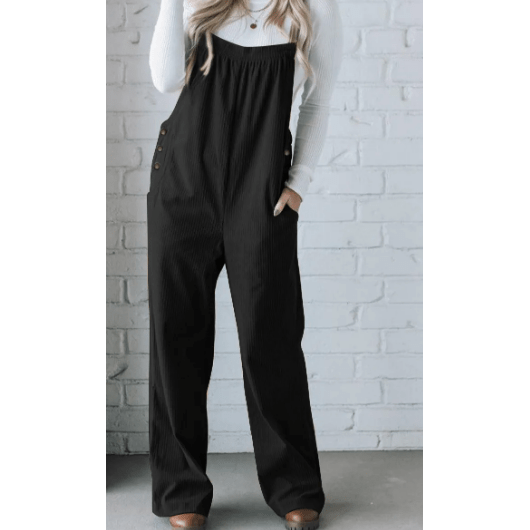 Desiree Black Solid Pocketed Loose Fit Corduroy Overall