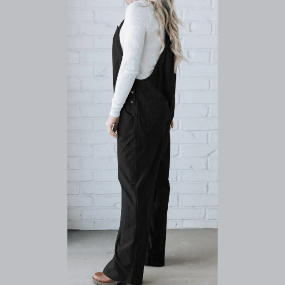 Desiree Black Solid Pocketed Loose Fit Corduroy Overall