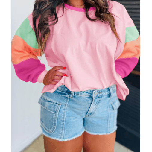 Talia Light Pink Colorblock Patchwork Long Sleeve Loose Top - S to 3X