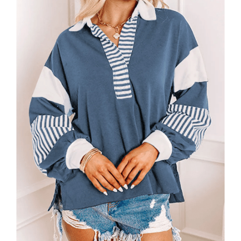 Nomi Blue Striped Colorblock Patchwork Collar Sweatshirt