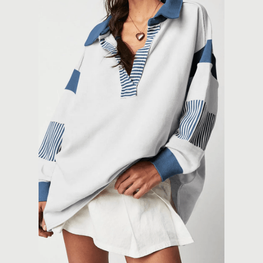 Nomi White Striped Colorblock Patchwork Collar Sweatshirt