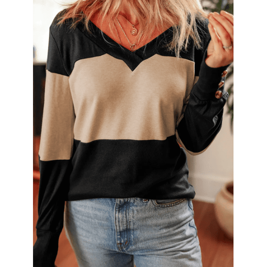 Nycole Parchment Stripe Colorblock Button Decor Long Sleeve V Neck Top