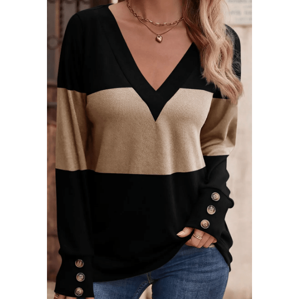 Nycole Parchment Stripe Colorblock Button Decor Long Sleeve V Neck Top