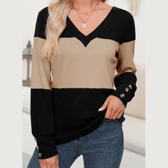 Nycole Parchment Stripe Colorblock Button Decor Long Sleeve V Neck Top