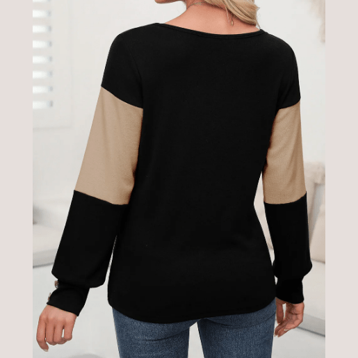 Nycole Parchment Stripe Colorblock Button Decor Long Sleeve V Neck Top