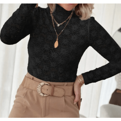 Sunni Black Floral Lace High Neck Long Sleeve Top