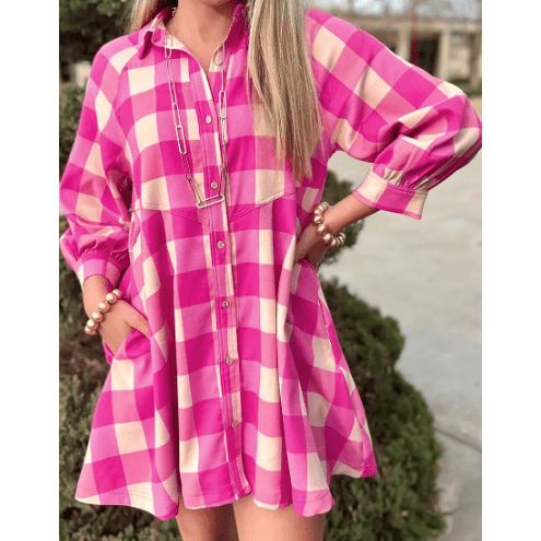 Finola Plaid Collared Bracelet Sleeve Shirt Flare Mini Dress