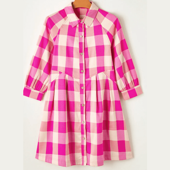 Finola Plaid Collared Bracelet Sleeve Shirt Flare Mini Dress