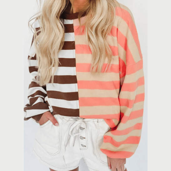 Janan Brown Stripe Color Block Drop Shoulder Pullover Sweatshirt