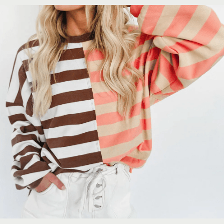 Janan Brown Stripe Color Block Drop Shoulder Pullover Sweatshirt