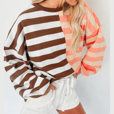 Janan Brown Stripe Color Block Drop Shoulder Pullover Sweatshirt