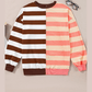 Janan Brown Stripe Color Block Drop Shoulder Pullover Sweatshirt