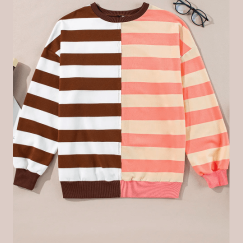 Janan Brown Stripe Color Block Drop Shoulder Pullover Sweatshirt