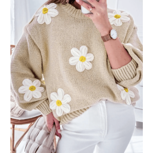 Cindi Parchment Floral Crochet Chunky Knit Sweater