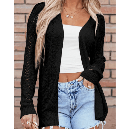 Corinna Black Solid Open Knit Cardigan