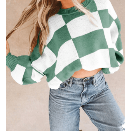 Maryam Green Checkered Bishop Sleeve Sweater