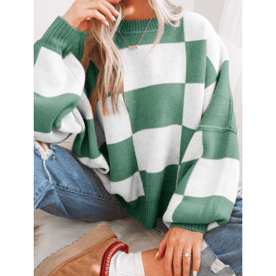 Maryam Green Checkered Bishop Sleeve Sweater