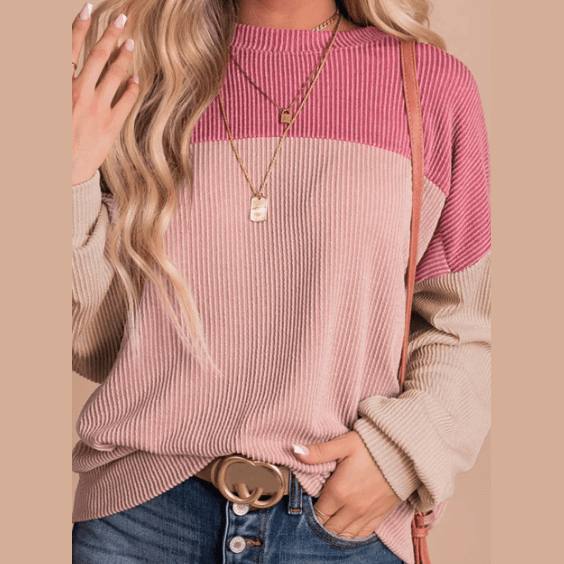 Joey Pink Color Block Long Sleeve Ribbed Loose Top