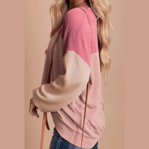 Joey Pink Color Block Long Sleeve Ribbed Loose Top