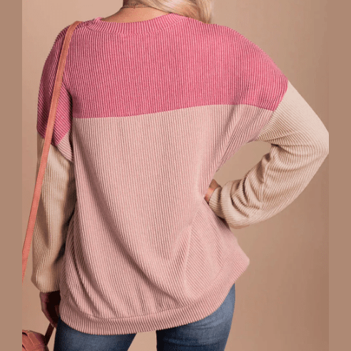 Joey Pink Color Block Long Sleeve Ribbed Loose Top