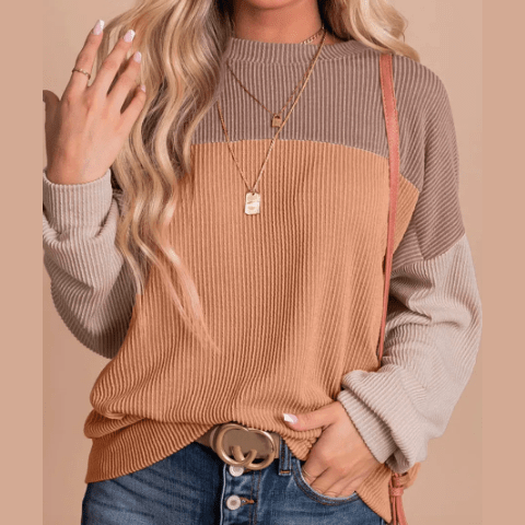 Joey Khaki Color Block Long Sleeve Ribbed Loose Top