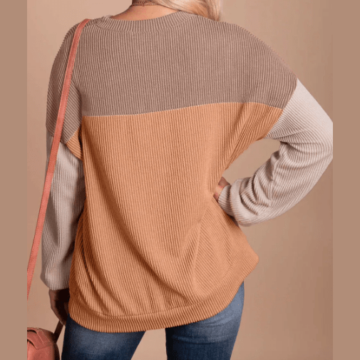 Joey Khaki Color Block Long Sleeve Ribbed Loose Top