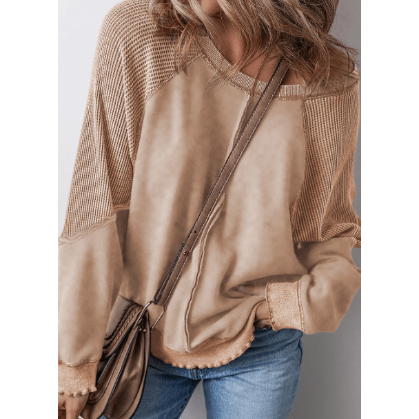 Glenna French Beige Solid Waffle Knit Patchwork Raglan Sleeve Sweatshirt