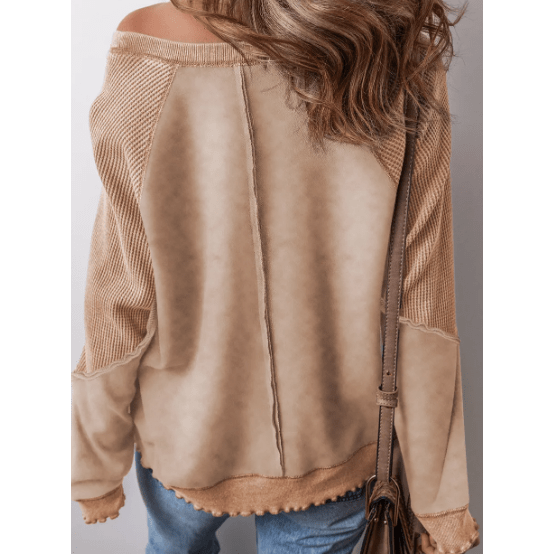 Glenna French Beige Solid Waffle Knit Patchwork Raglan Sleeve Sweatshirt