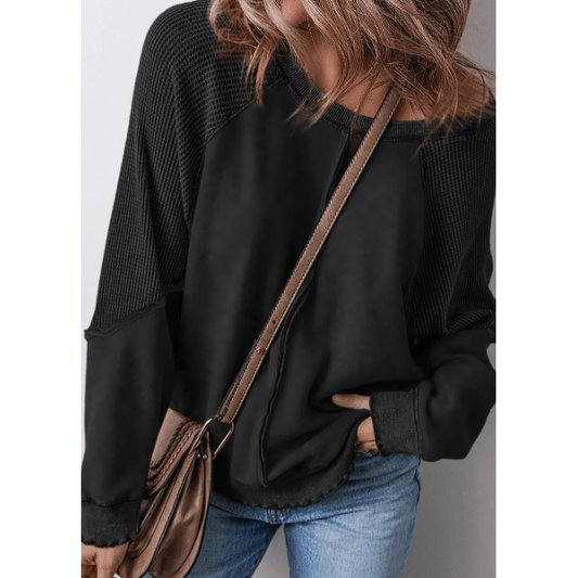 Glenna Black Solid Waffle Knit Patchwork Raglan Sleeve Sweatshirt