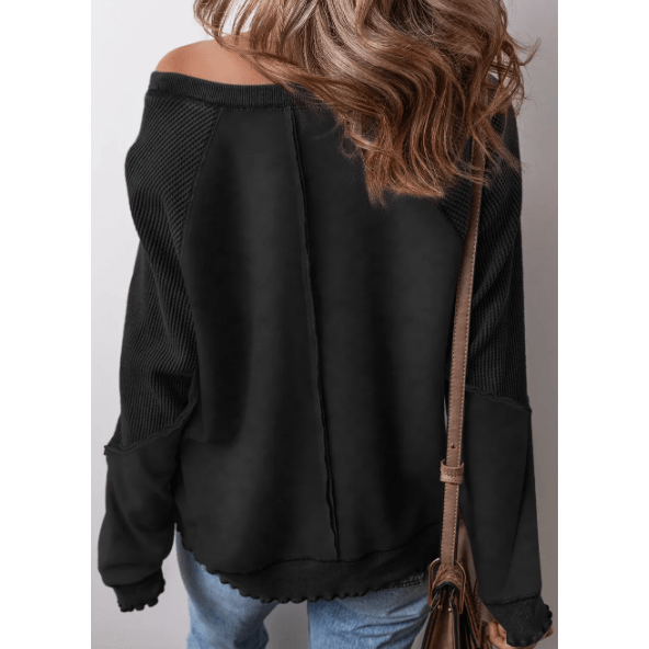 Glenna Black Solid Waffle Knit Patchwork Raglan Sleeve Sweatshirt