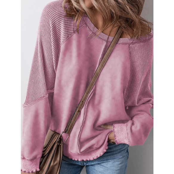 Glenna Pink Solid Waffle Knit Patchwork Raglan Sleeve Sweatshirt