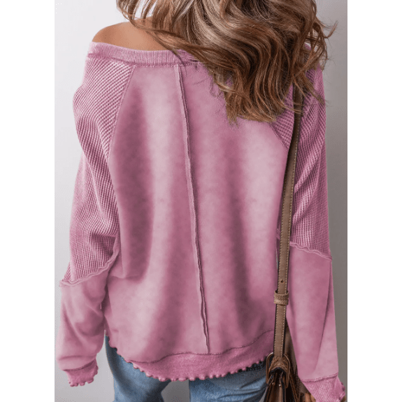 Glenna Pink Solid Waffle Knit Patchwork Raglan Sleeve Sweatshirt