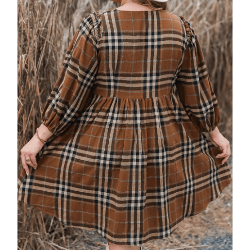 Candis Brown Plaid Pattern Empire Waist PLUS SIZE Babydoll Dress - 1X to 3X