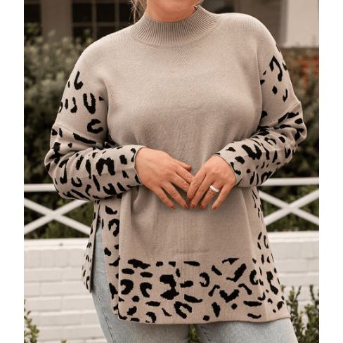 Brandi Leopard High Neck Side Slit Oversized Sweater - S to 3X