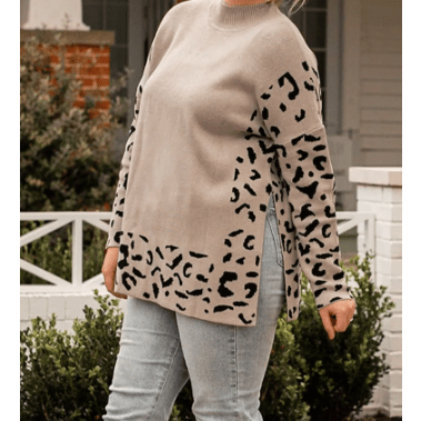 Brandi Leopard High Neck Side Slit Oversized Sweater - S to 3X