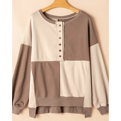 Ryder Parchment Colorblock Henley High Low Oversize Sweatshirt