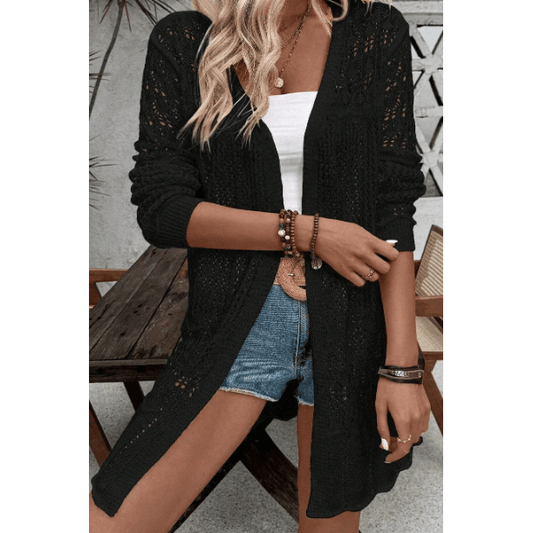 Kelli Black Crochet Hollow Out Open Front Cardigan