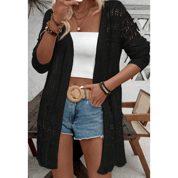 Kelli Black Crochet Hollow Out Open Front Cardigan