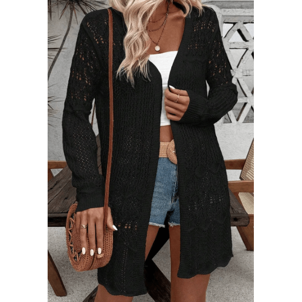 Kelli Black Crochet Hollow Out Open Front Cardigan