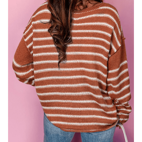 Viv Brown Stripe Drop Shoulder Casual Sweater