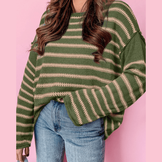 Viv Green Stripe Drop Shoulder Casual Sweater