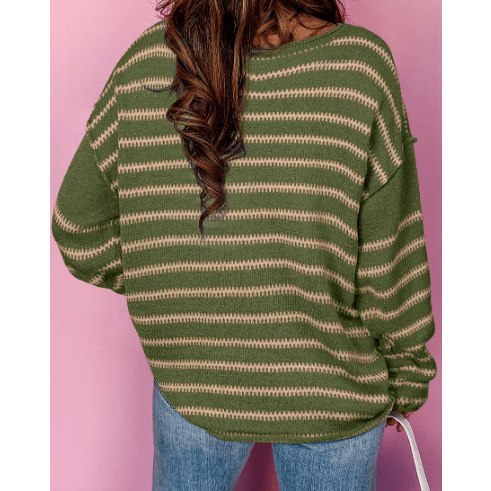 Viv Green Stripe Drop Shoulder Casual Sweater