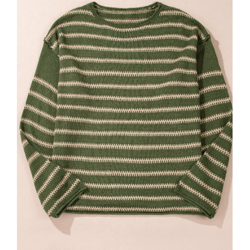 Viv Green Stripe Drop Shoulder Casual Sweater