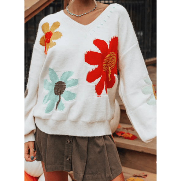 Angelo White Big Flower Pattern V Neck Drop Shoulder Sweater