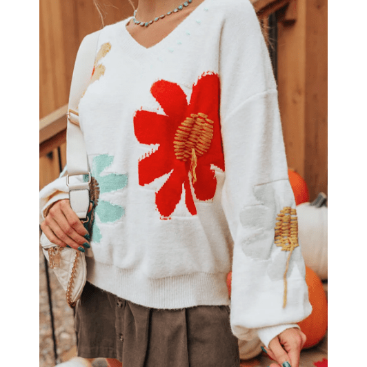 Angelo White Big Flower Pattern V Neck Drop Shoulder Sweater