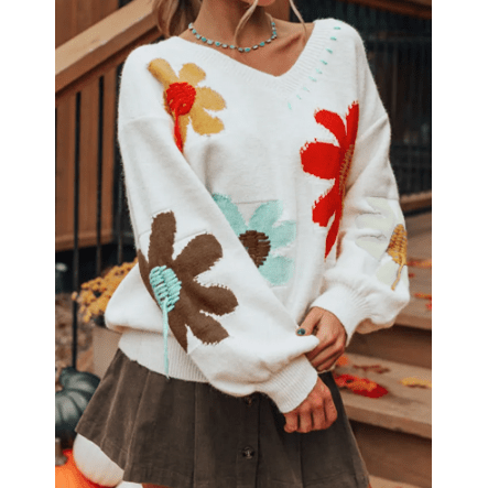 Angelo White Big Flower Pattern V Neck Drop Shoulder Sweater