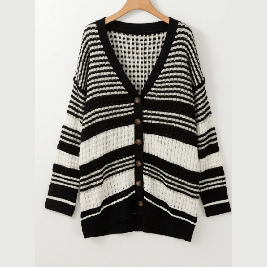 Corby Black Colorblock Textured Knit Buttoned Cardigan